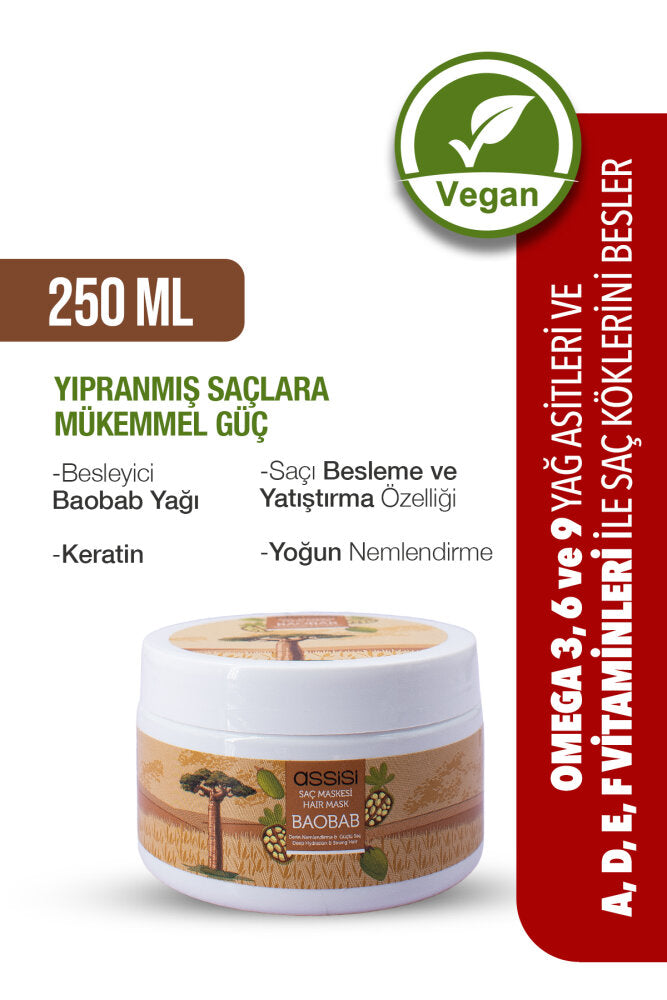 Baobab Yağlı Saç Maskesi, Yıpranmış Saçlar İçin Derin Nemlendirme ve Güçlendirme, 250ml, Vegan