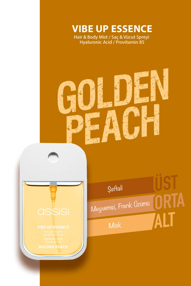 Golden Peach Hyaluronik Asit & Provitamin B5 Saç ve Vücut Spreyi 45 ml – Şeftali & Misk Kokulu Mist